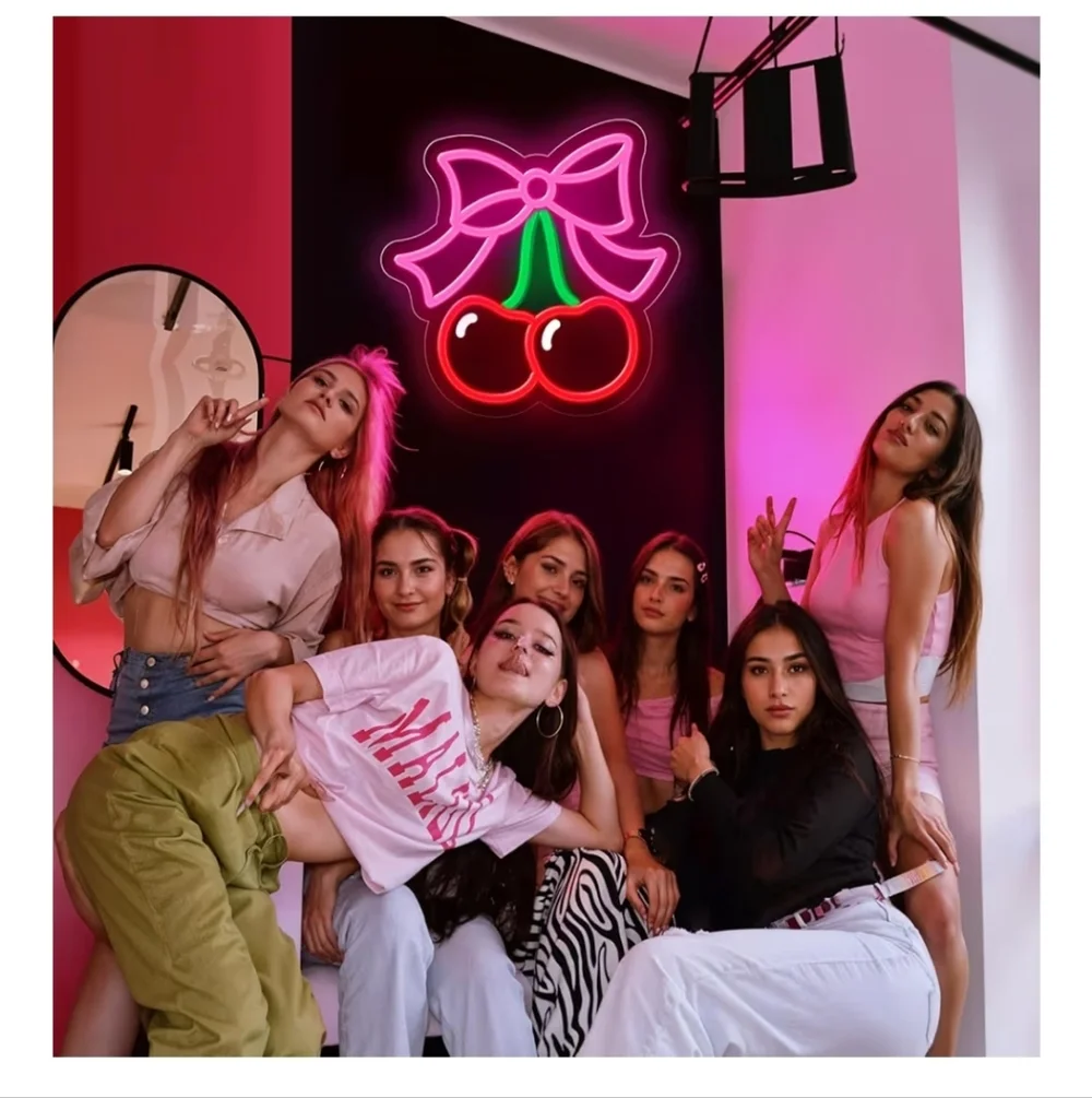 Neon Bow and Cherry Light Sign - Pink and Red